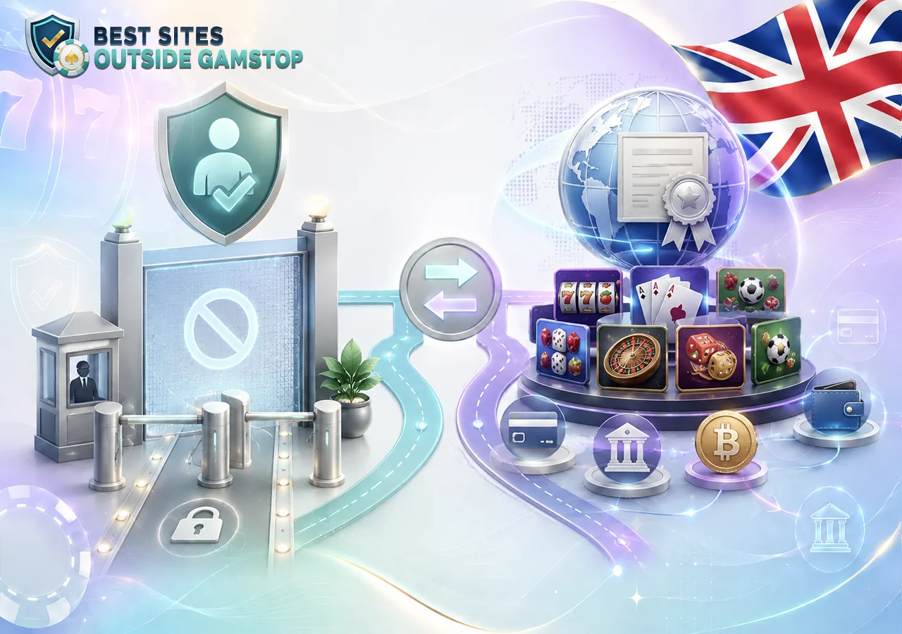 UK Casino GamStop diagram with self-exclusion system and user restrictions